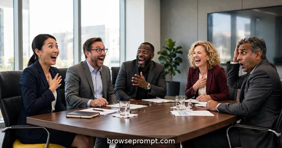 Comedic cover art: during the most serious quarterly meeting of the year, every executive chair hides a whoopee cushion, and decorum collapses in minutes.