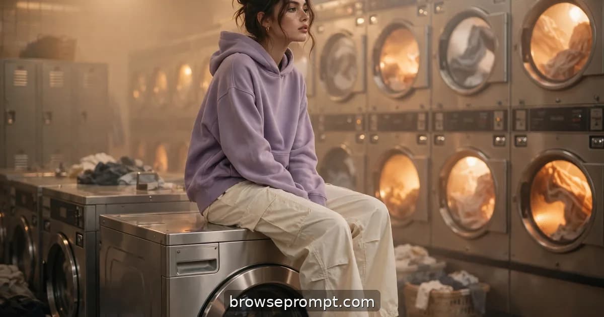 A model in pastel streetwear sits atop a washing machine inside a humming laundromat as dryers spin behind.