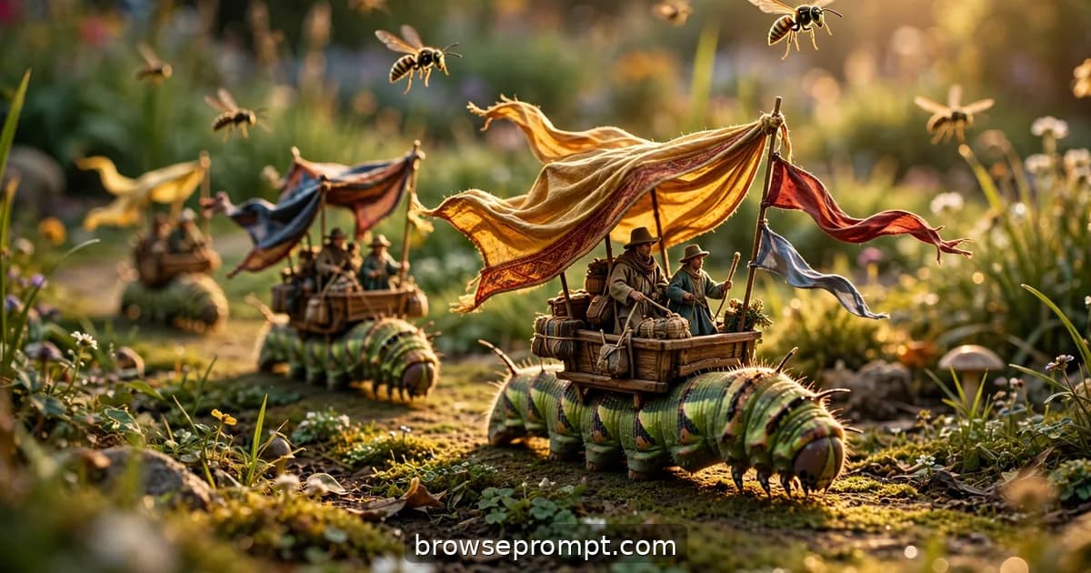 Tilt-shift photo of tiny traders riding caterpillar caravans with silk banners across the garden.