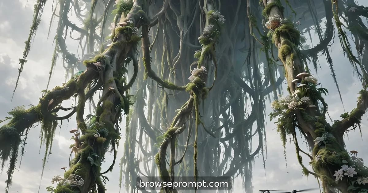 Beneath a floating island, a drone exploring the hanging forest of roots dangling into the sky.