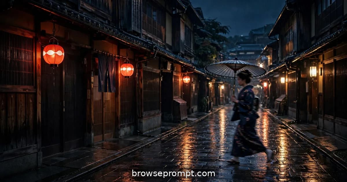 Red paper lanterns glowing outside dark machiya townhouses on a wet Gion street at night.