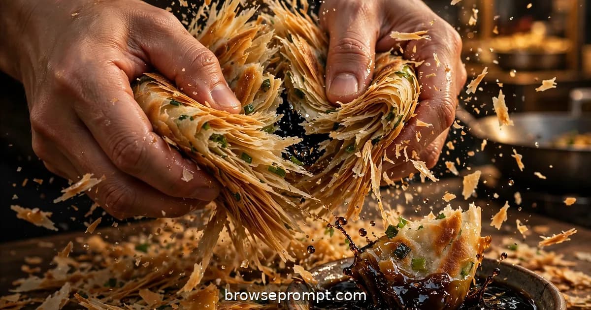 Hands crushing a griddled scallion pancake, it shattering into flaky scallion-flecked layers, steam escaping.