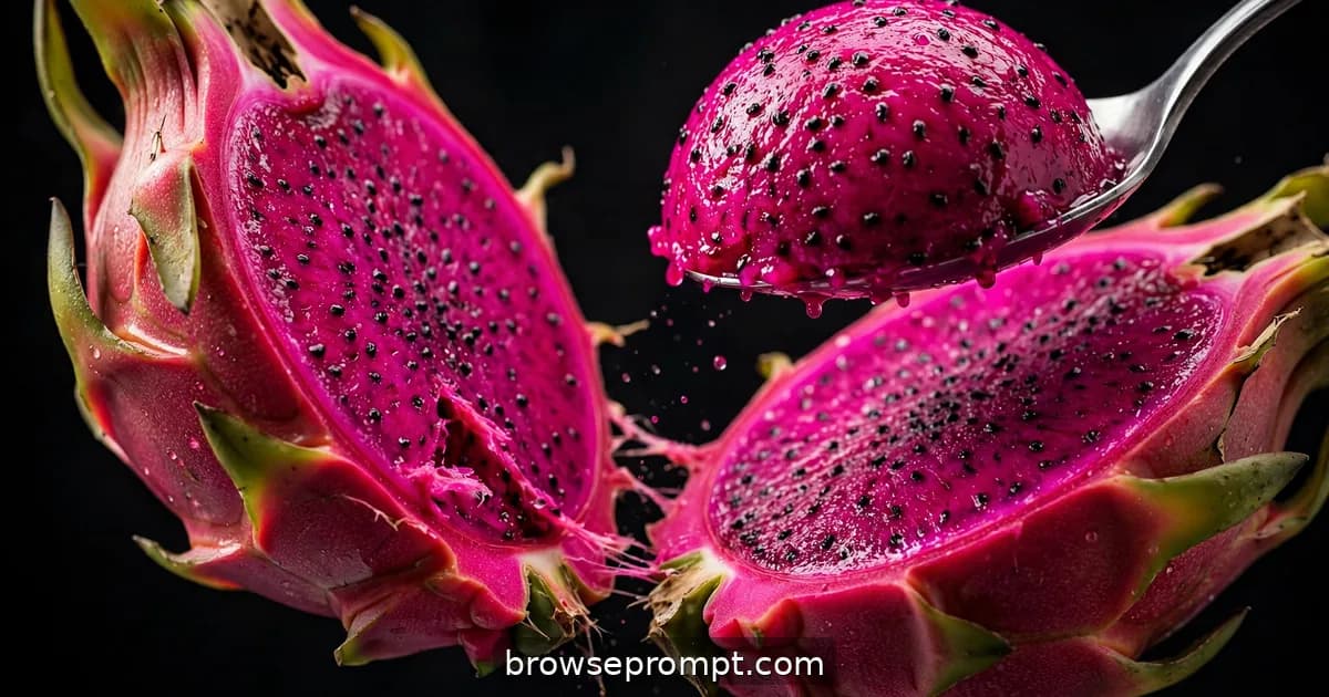 A magenta dragon fruit sliced in half, shocking pink flesh with black seeds exposed, juice beading.