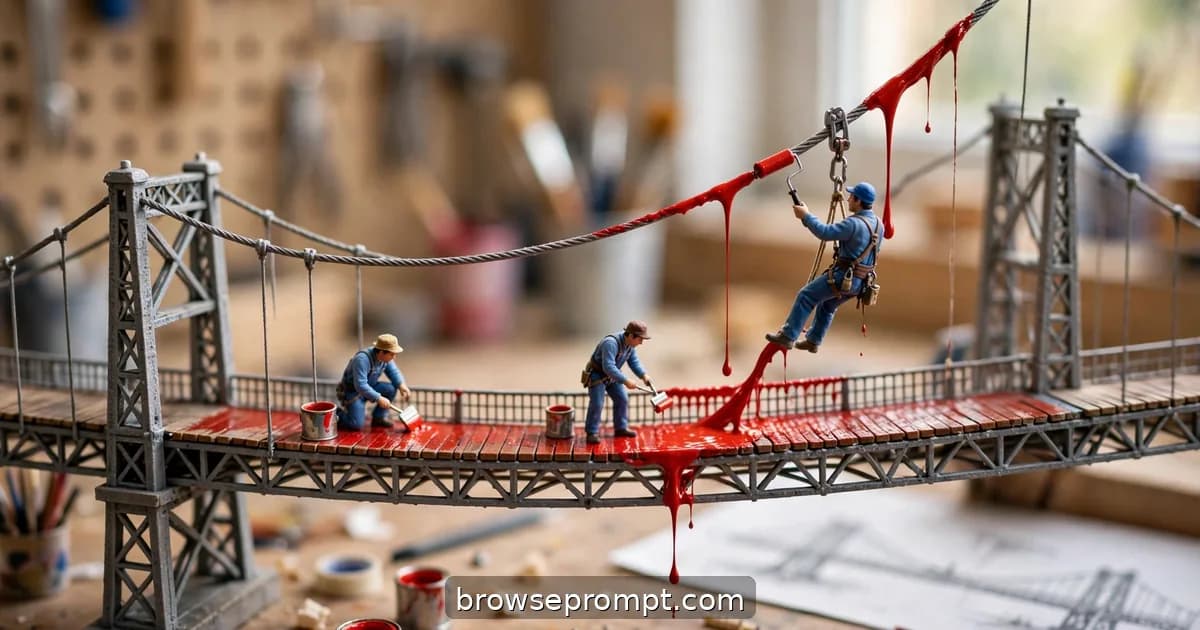 Tilt-shift photo of tiny painters in overalls repainting a model suspension bridge cable by cable.