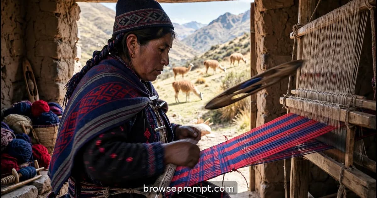 An Andean weaver works a backstrap loom, shuttle flying, as bands of cochineal red and indigo blue emerge.