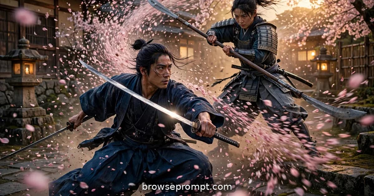Katana duelist and naginata warrior fighting through a cherry blossom storm, cinematic still.