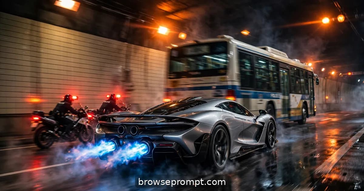 Supercar with exhaust flames racing through a Tokyo tunnel with police bikes behind, cinematic still.