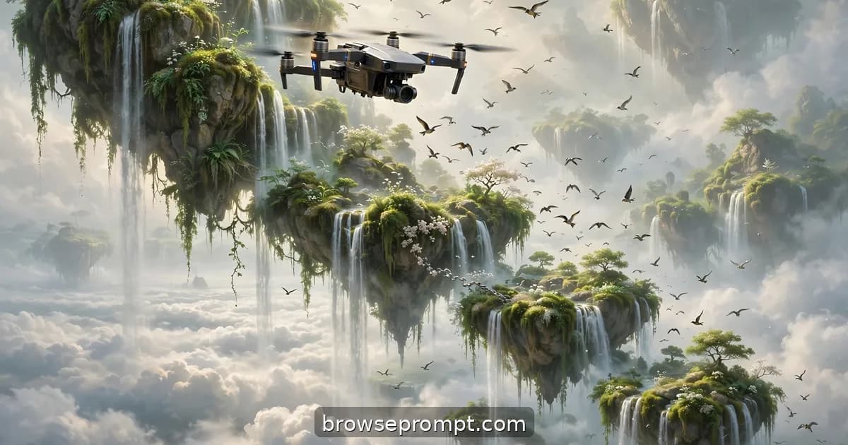 A drone gliding down a chain of floating islands, waterfalls pouring off their edges into cloud.