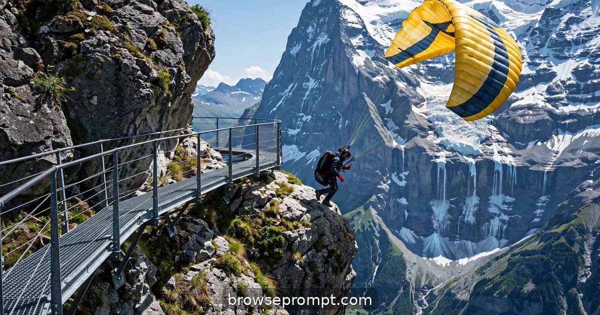 Cliff-edge walkway jutting from rock with the Eiger's glacier-streaked north face across the void.