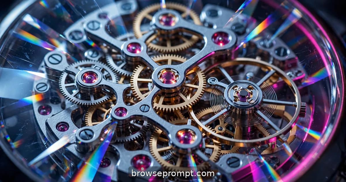 A skeletonized luxury watch revealing its gears, ruby jewels, and balance wheel through sapphire crystal.