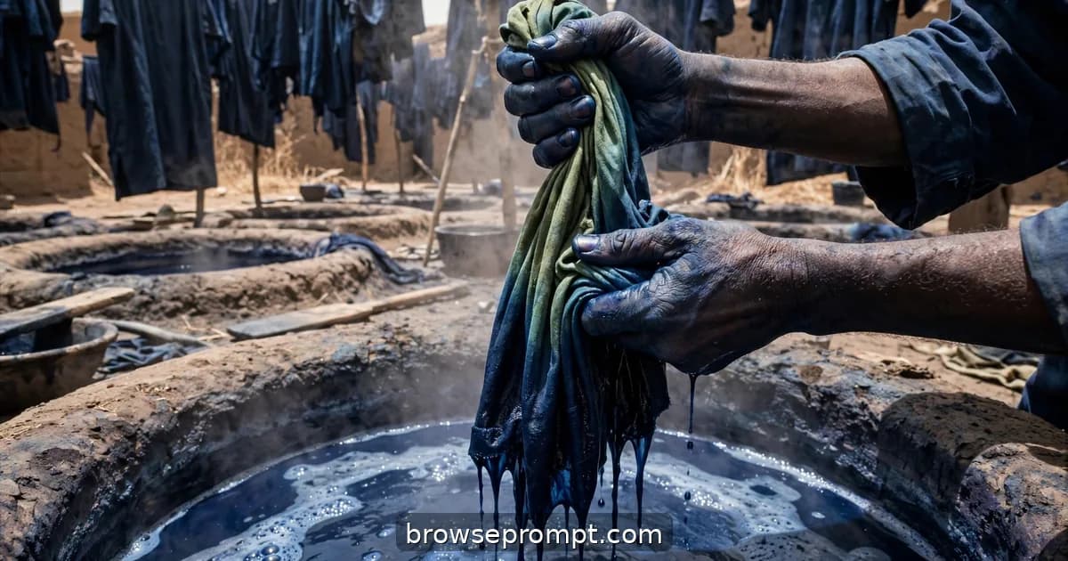 Blue-stained hands wring indigo cloth over ancient dye pits in Kano as finished robes hang like midnight banners.