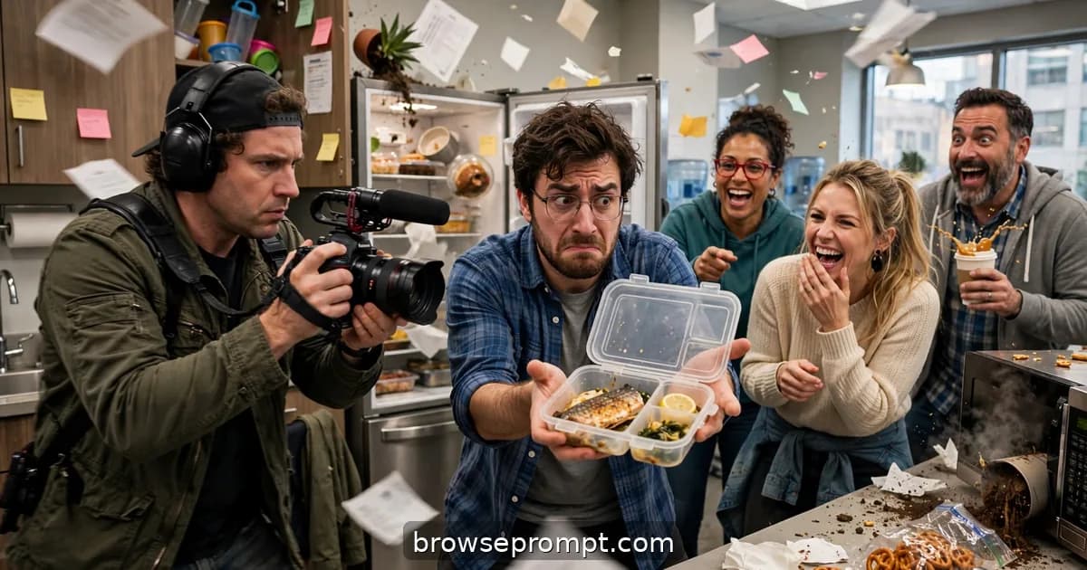 Comedic cover art: a true-crime documentary crew investigates who microwaved fish in the office breakroom, and the trail of evidence is damning.