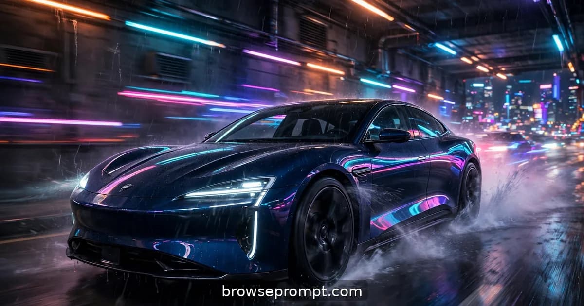 A midnight-blue electric sports sedan weaving through neon-drenched downtown streets in a night pursuit.