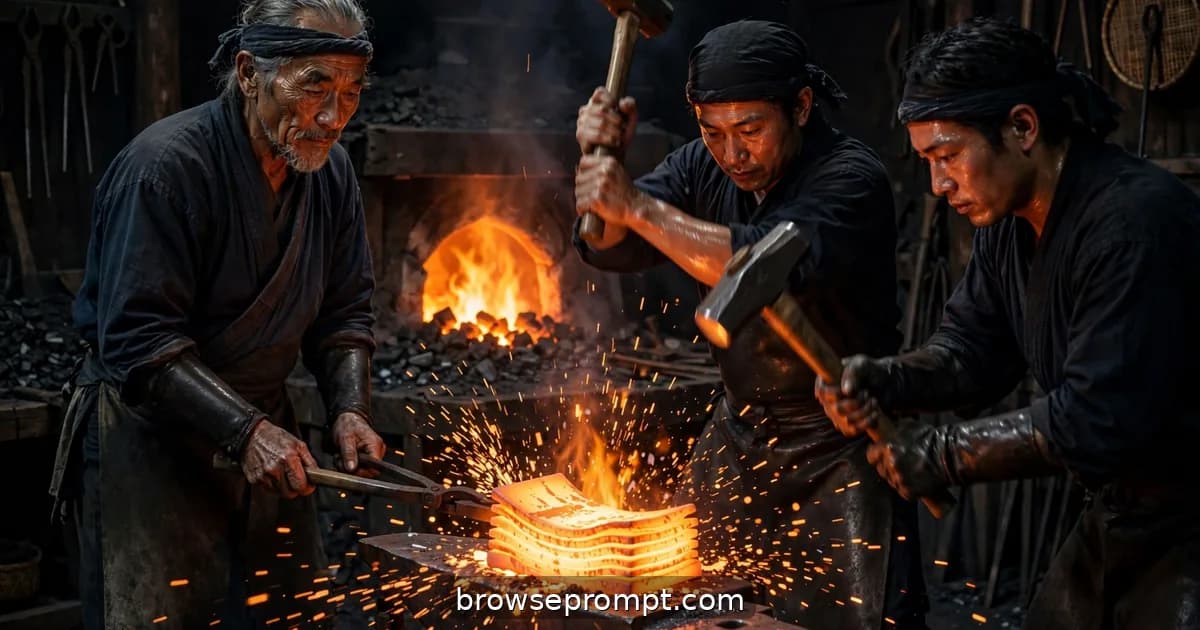 A swordsmith's hammer falls on white-hot folded steel in a dark Japanese forge, sparks blooming around the anvil.