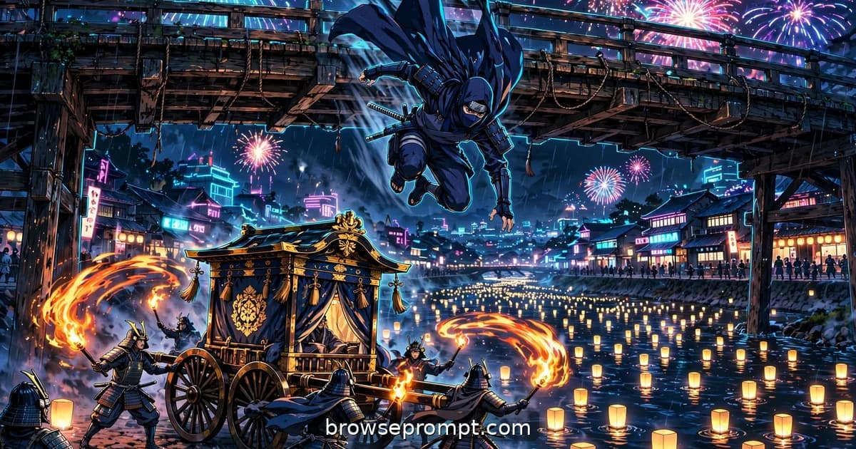 A masked assassin drops from a river bridge's beams toward a palanquin as hundreds of lanterns float on the dark water below.