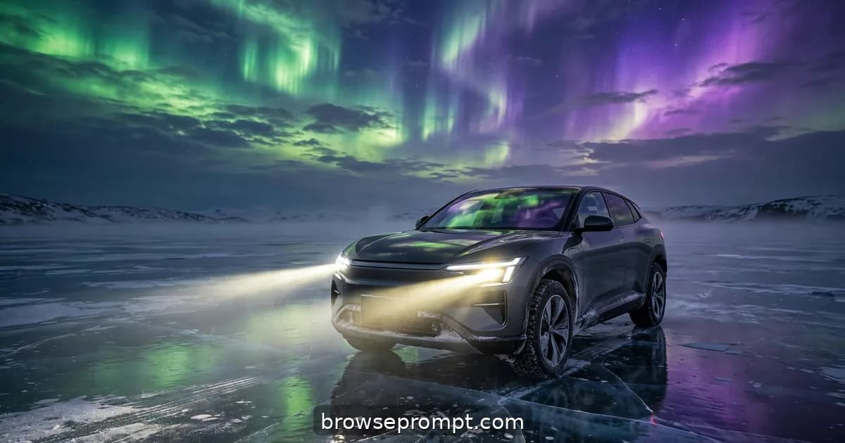 An electric SUV on a frozen arctic plain beneath rippling green and violet aurora borealis.