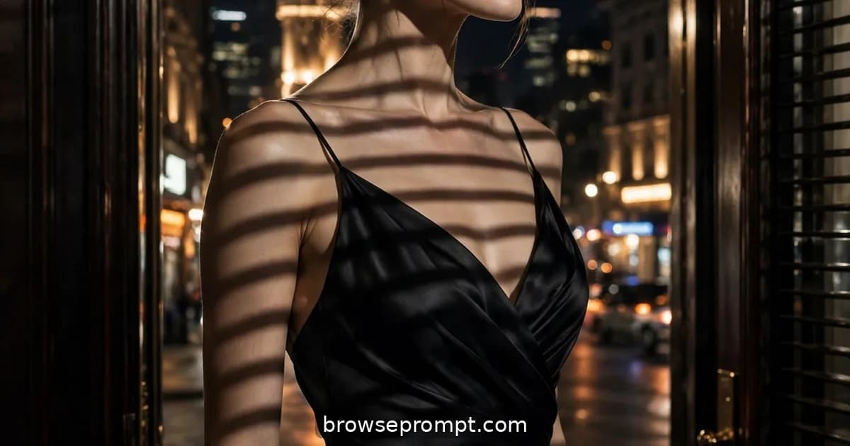 A widow in a black satin bias-cut gown stands in a hotel doorway striped by venetian-blind shadows, smoke curling.