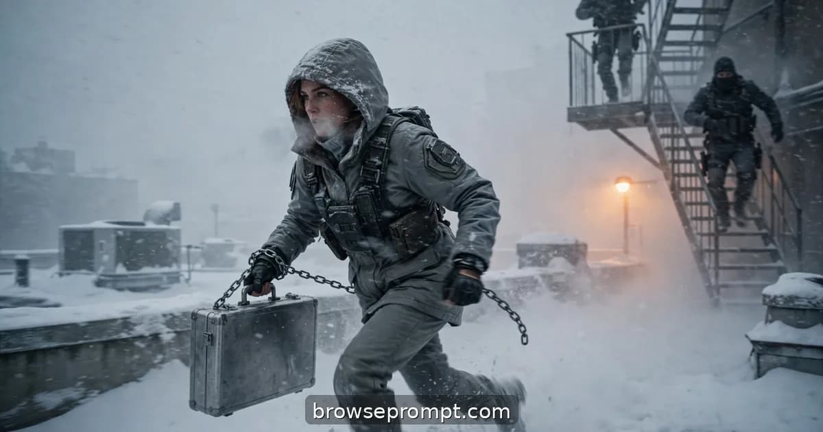 Courier sprinting across snow-buried Chicago rooftops in a blizzard, cinematic action still.