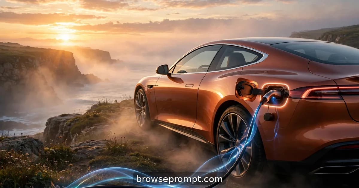 A copper electric coupe charging on a coastal cliff at sunrise, the cable glowing with flowing energy.