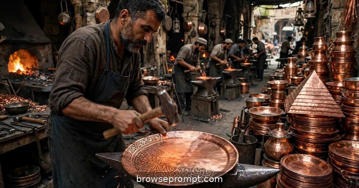 Coppersmiths hammer a glowing tray on an anvil in a shaded souk arcade, finished brass stacked in pyramids.
