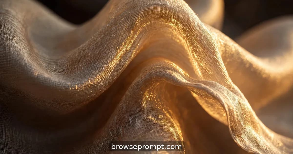 Extreme macro of champagne silk rippling in slow motion, the weave catching light like a river of molten gold.
