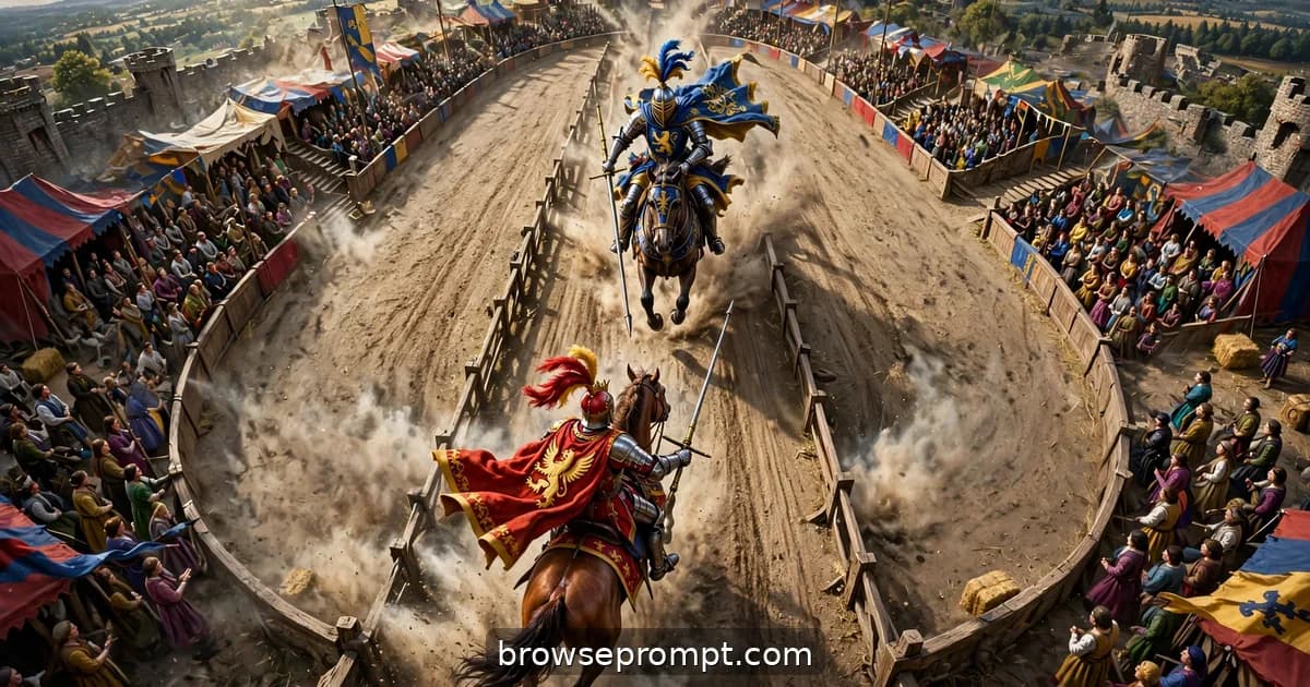 An aerial view sweeping over a jousting arena as two knights thunder toward each other.