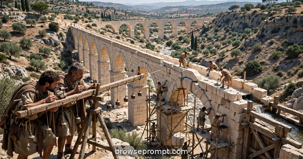 Roman engineers survey a valley with a leveling instrument as masons raise the stone arches of an aqueduct.