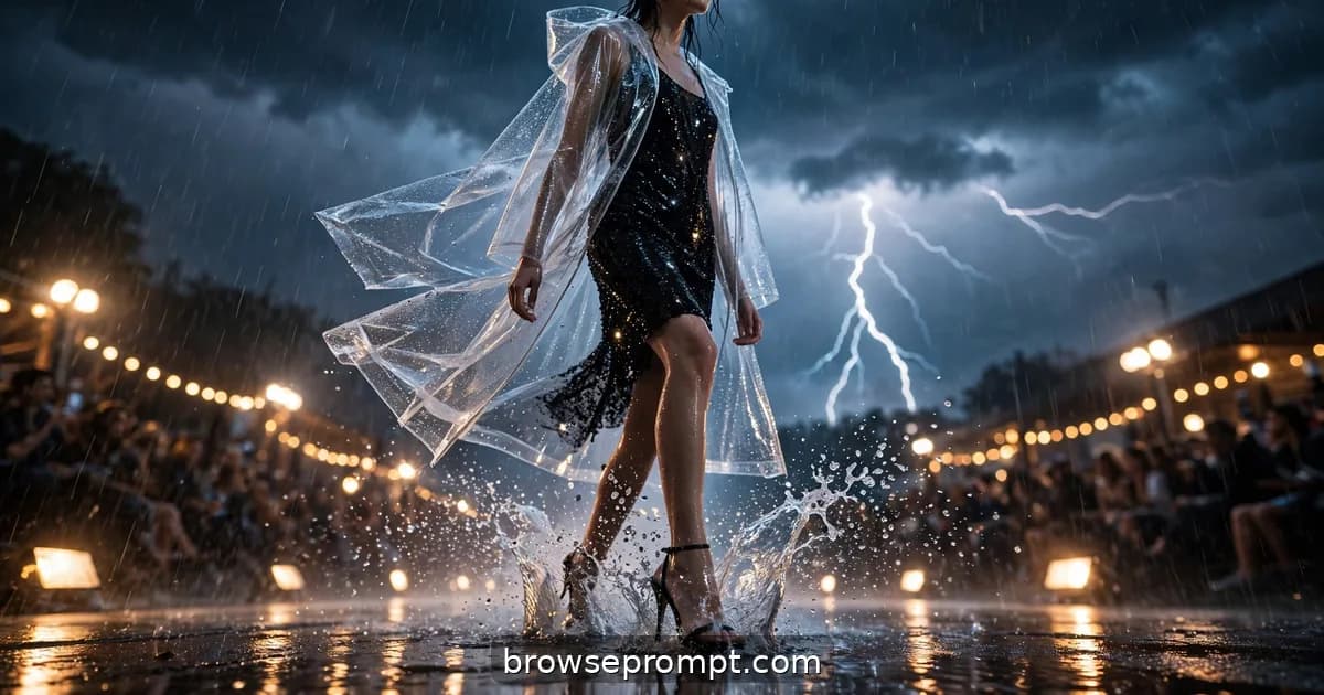 A model in a translucent storm coat strides through pounding rain on a glistening open-air runway as lightning flickers.