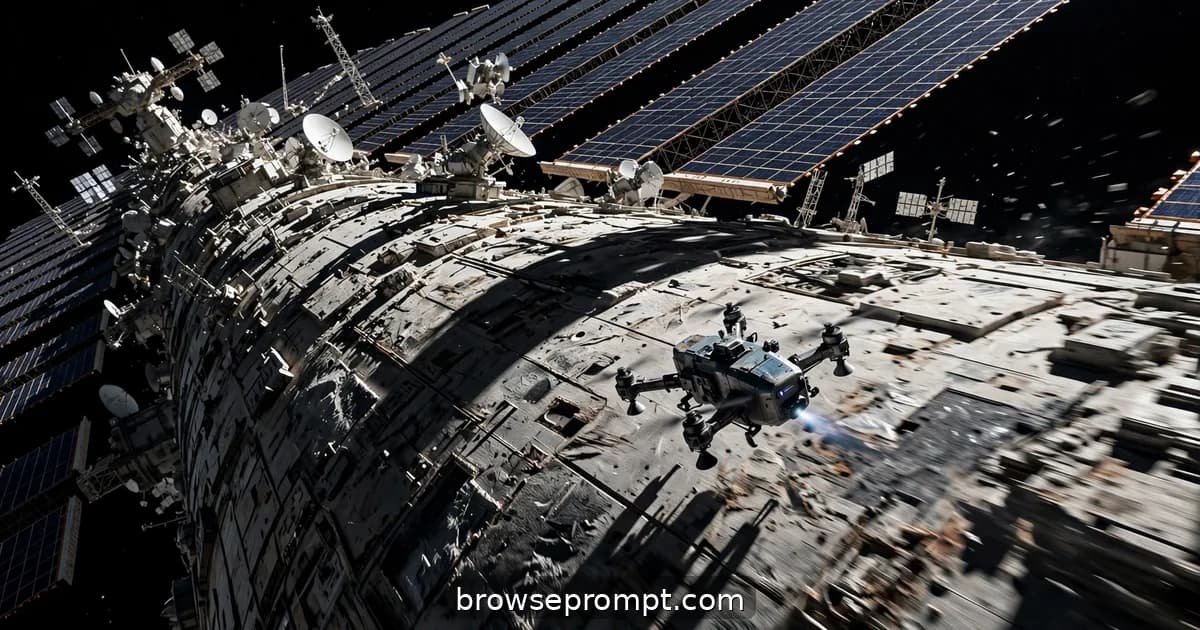 A maintenance drone skimming a space station's hull past solar wings and antenna farms in hard sunlight.