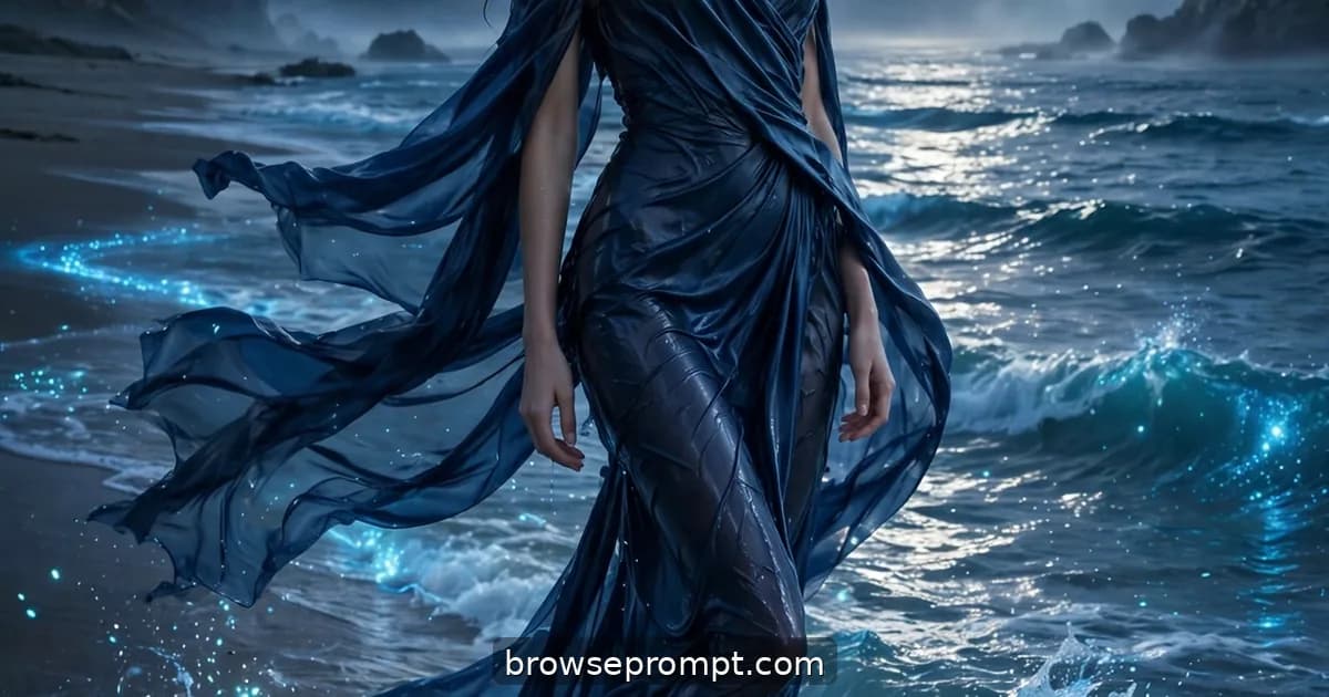 A model in deep-sea-blue silk couture walks a moonlit shoreline as gentle waves wash around her ankles.