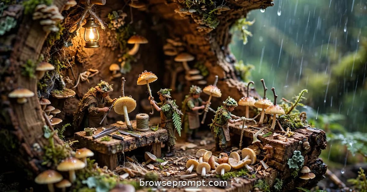 Tilt-shift photo of tiny craftsmen crafting umbrellas from mushroom caps in a hollow log workshop.