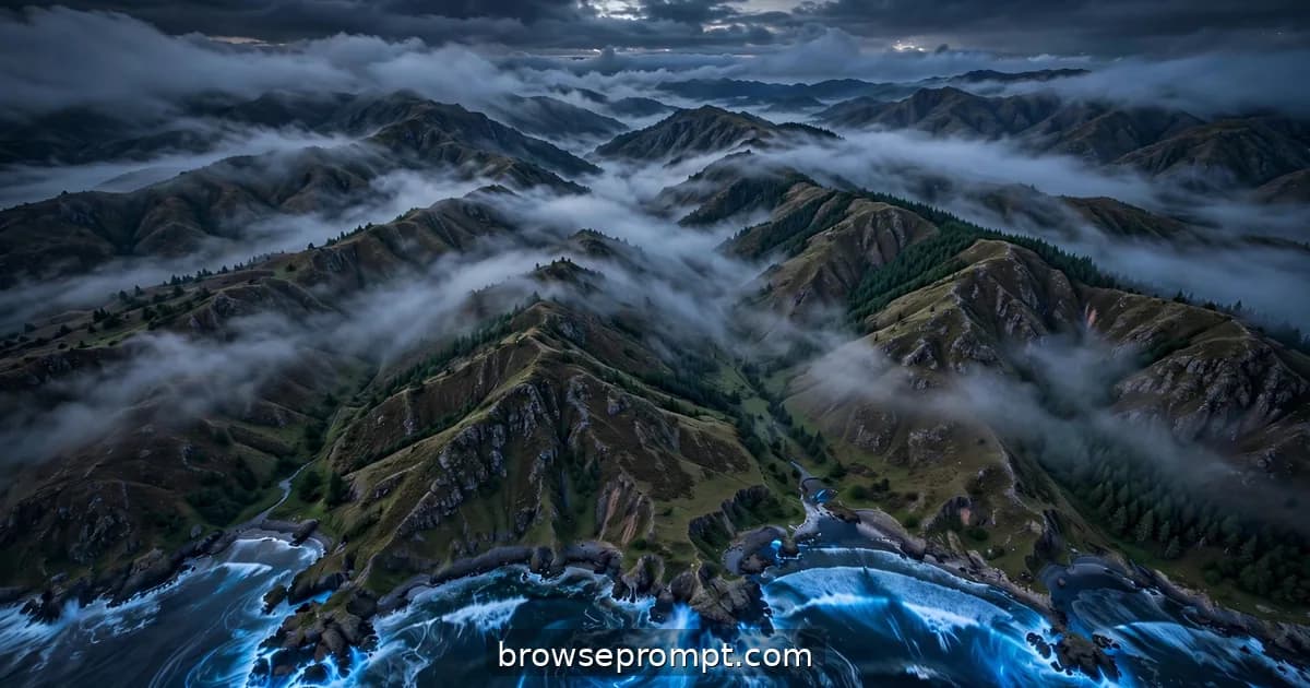 Aerial nature cover art: at night, breaking waves glow electric blue with bioluminescence under the drone's gaze.