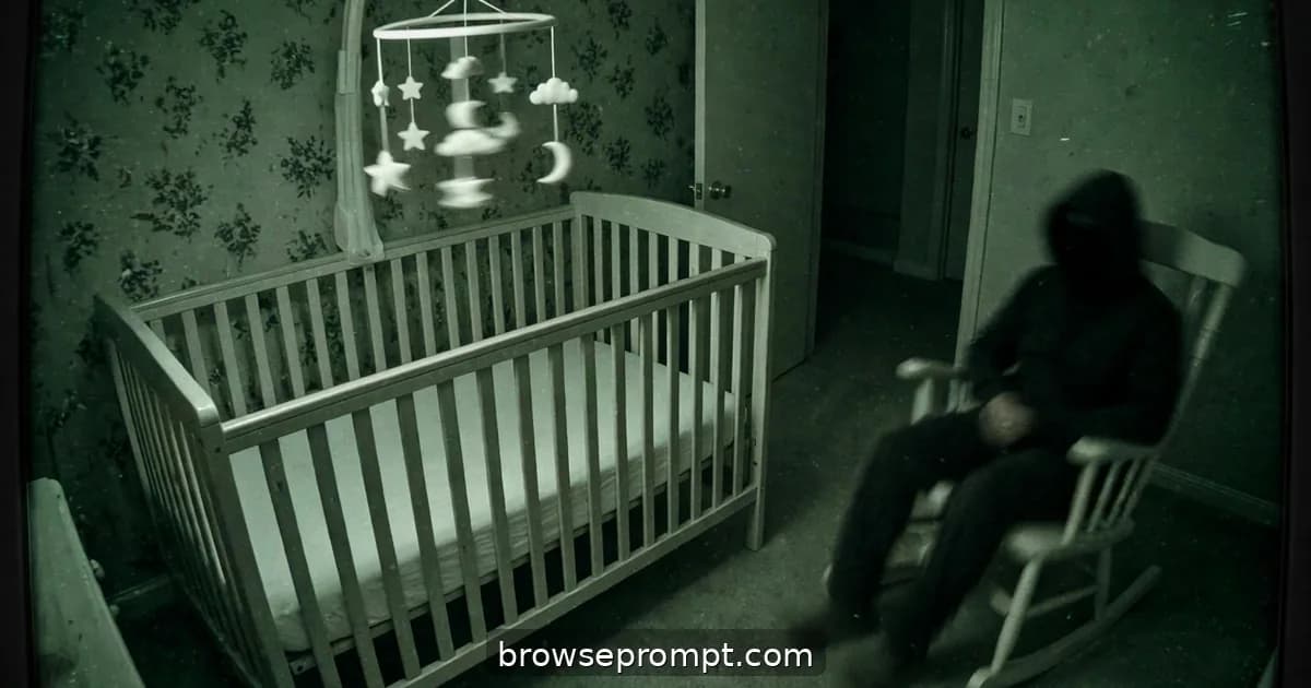 Dark cinematic still of baby monitor at 2:47am: domestic violation, cold dread, pure infrared night vision.