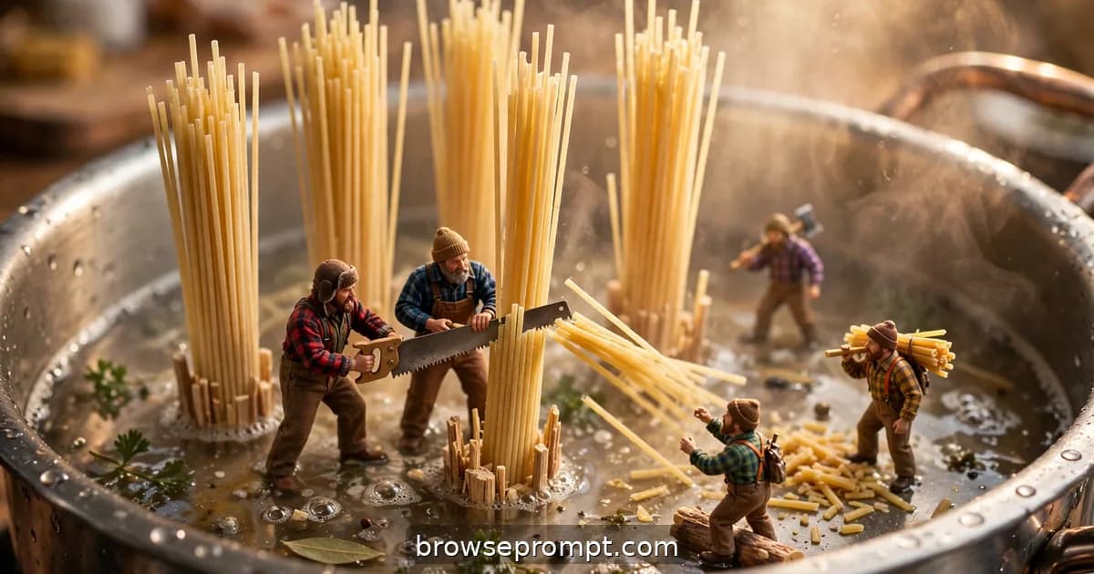 Tilt-shift photo of tiny lumberjacks sawing upright spaghetti strands like trees in a steaming pot.