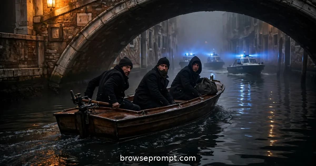 Thieves' motorboat vanishing under a foggy Venetian bridge at night, cinematic still.