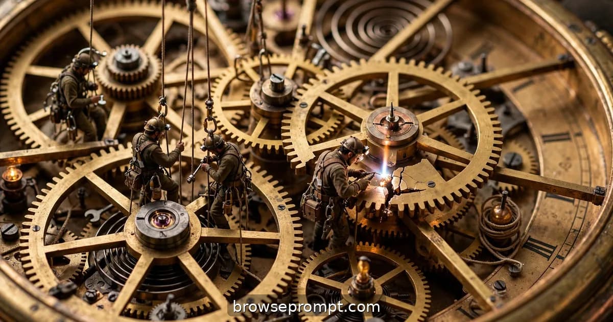 Tilt-shift photo of tiny watchmakers rappelling between giant brass gears inside a pocket watch.