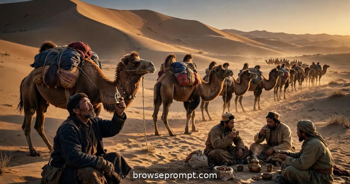 A camel caravan winds across golden desert dunes at dusk, silk bales swaying and bells chiming.