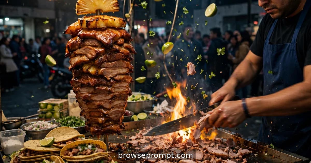 A taquero shaves glistening al pastor off a spinning trompo as caramelized pineapple drips above a Mexico City street.