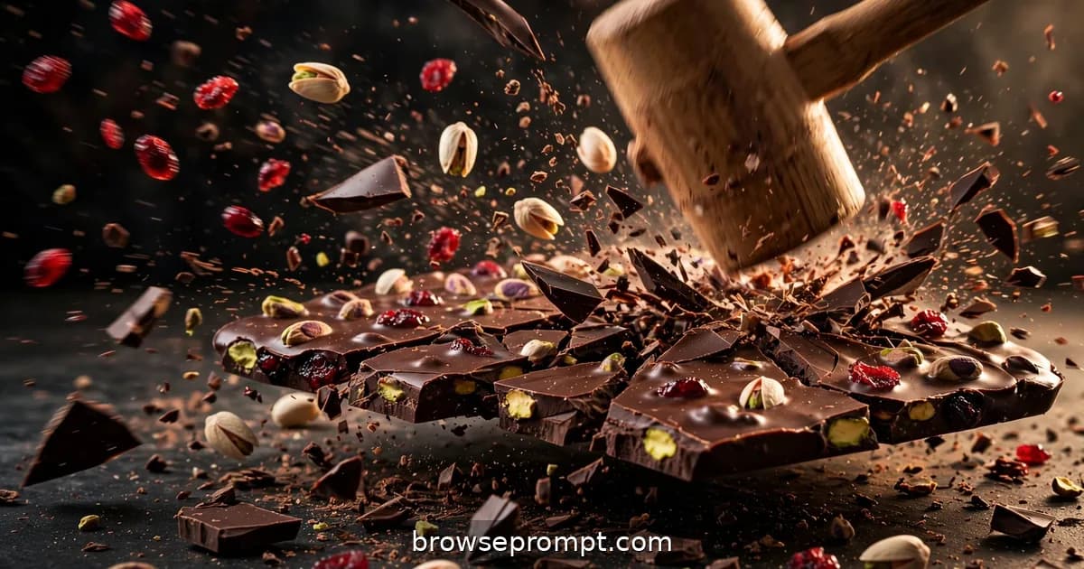 A slab of topping-loaded chocolate bark shattering under a wooden mallet, jagged glossy pieces scattering.