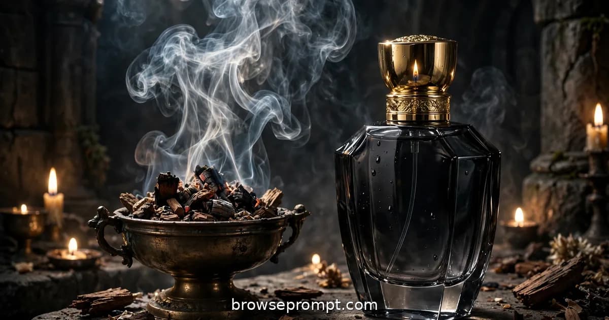 A smoked-black oud perfume bottle emerging from darkness amid curling incense smoke and candlelight.