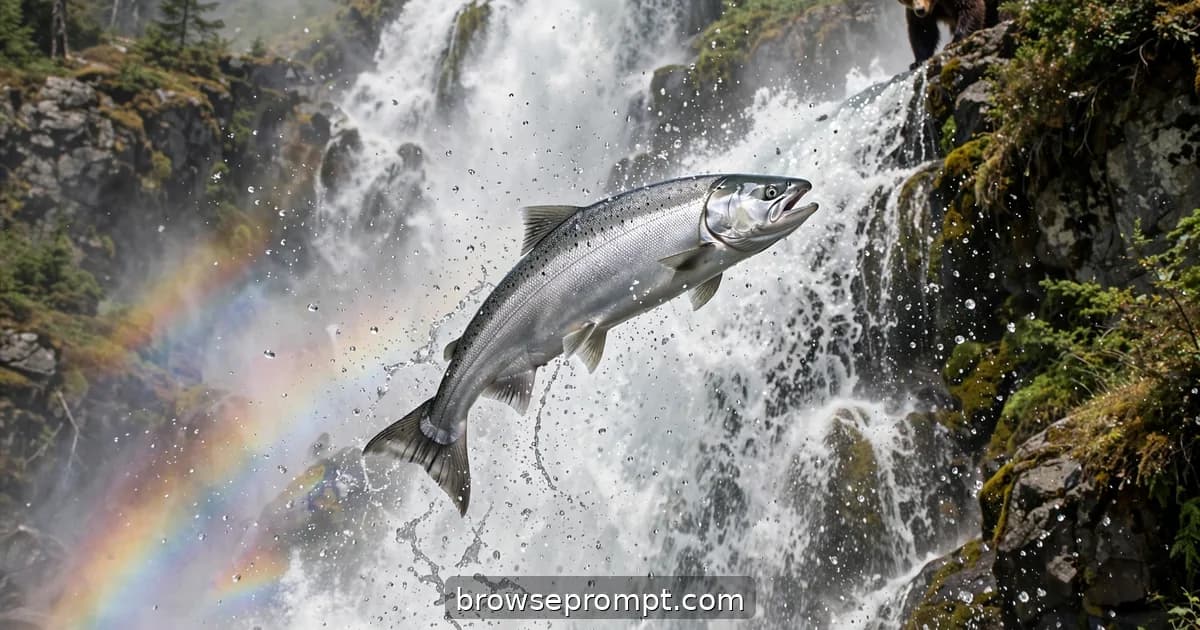 A silver salmon arcs through white spray mid-leap against a thundering waterfall.