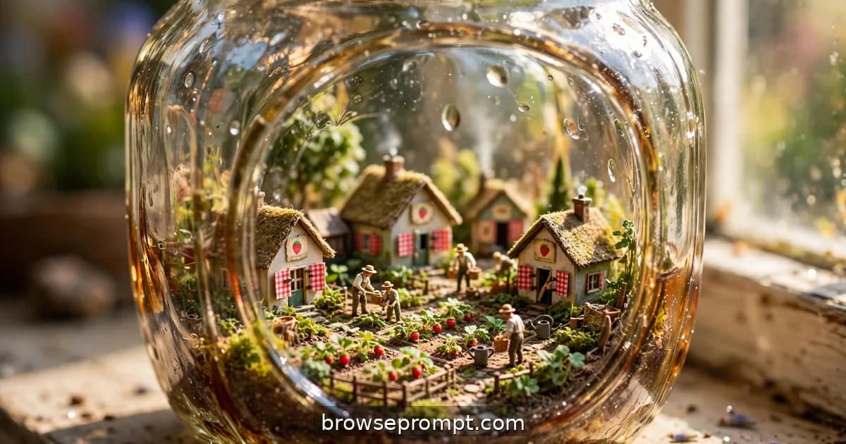 Tilt-shift photo of a tiny village with cottages and strawberry fields living inside a jam jar.