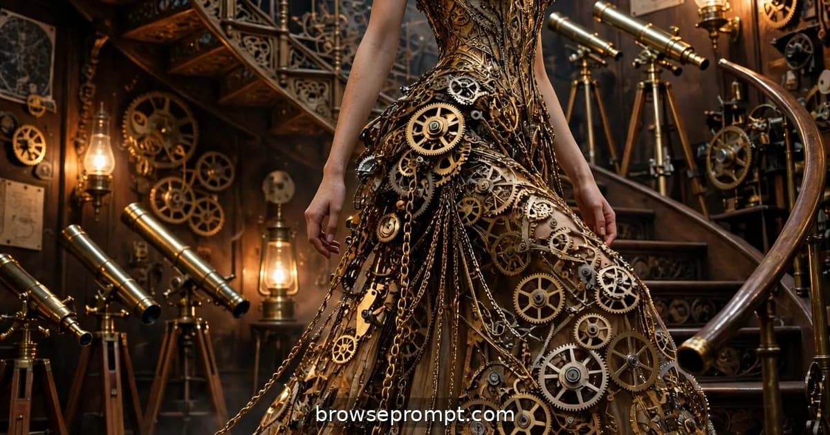 A model ascends a spiral staircase in a couture gown of interlocking brass gears that slowly rotate as she moves.