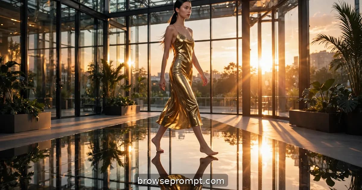 A model in a liquid-gold lame dress walks a mirrored runway inside a glass atrium flooded with golden-hour sunlight.