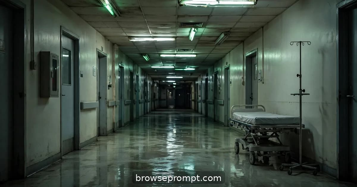 Agent fighting hitmen with a gurney in a flickering hospital corridor, cinematic still.