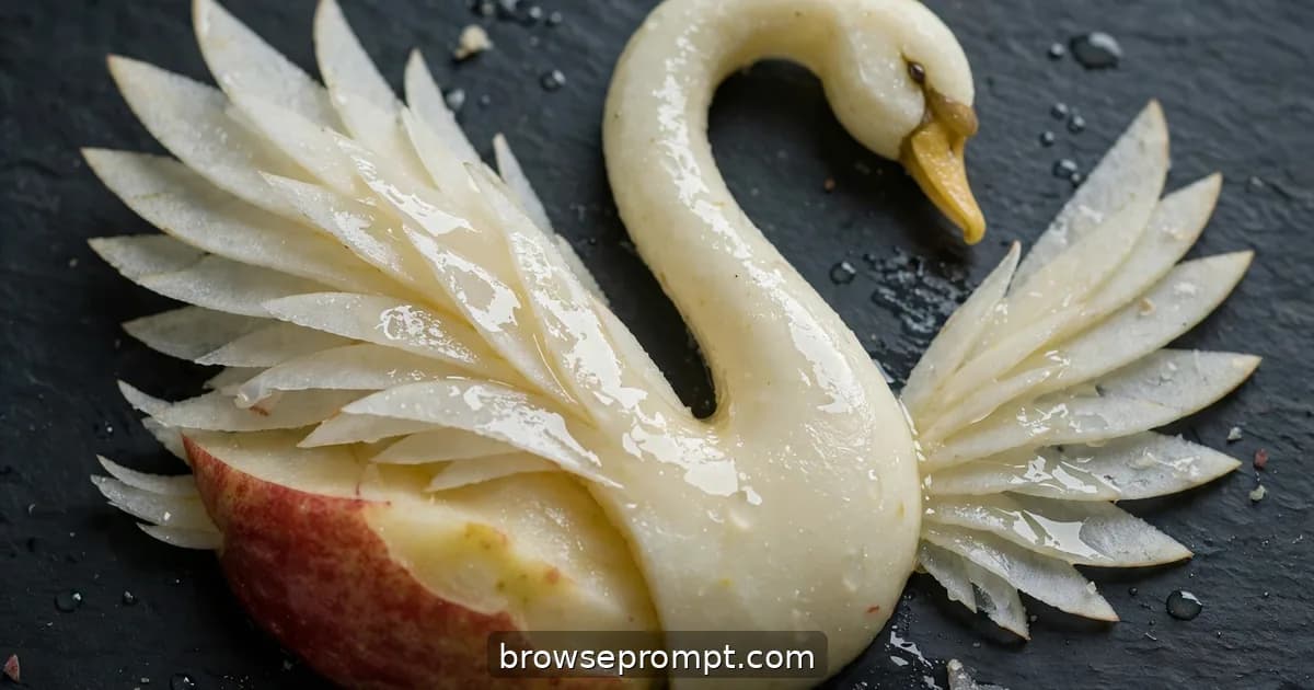 An apple carved into a swan, layered wing feathers fanned like origami, the neck curved gracefully.