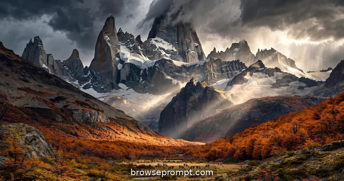 Fitz Roy's granite spires piercing a tearing storm sky with sun shafts raking the mountain.