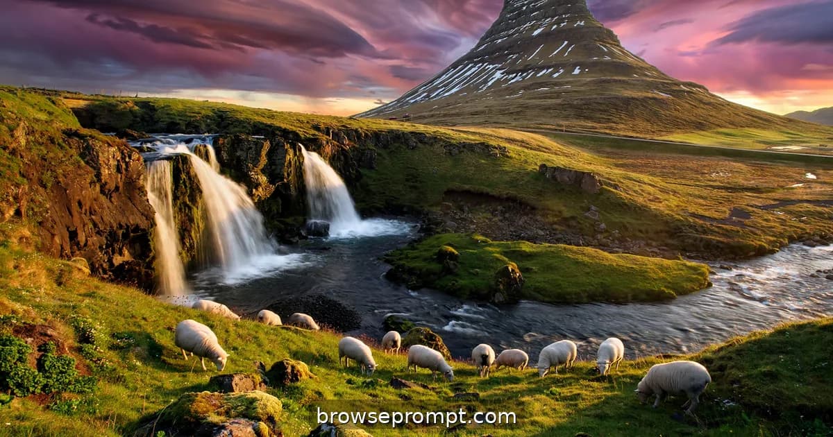 Kirkjufell's cone-shaped mountain behind twin waterfall tiers under a bruised Arctic sunset.
