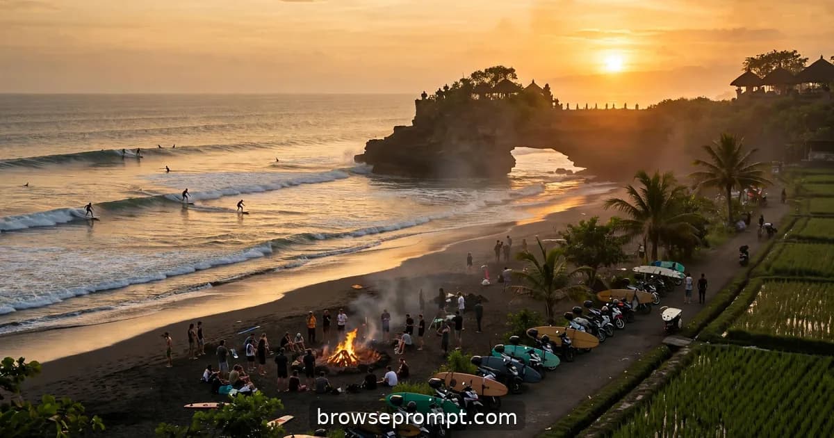 Surfers riding golden waves at Batu Bolong beach, Canggu, as the sun melts behind the headland.