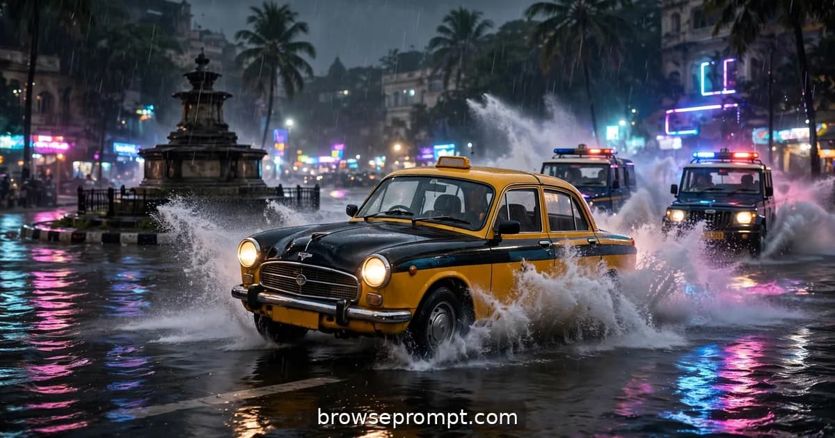 Taxi hydroplaning through flooded Mumbai streets in monsoon rain at night, cinematic still.